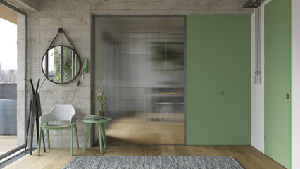 Modern interior with concrete wall and ribbed glass partition. Green door design. 3d render