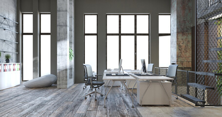 Modern industrial office interior with concrete walls. Empty workplace 3d render