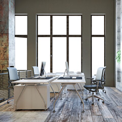 Modern office interior with desks and computers. Industrial loft style workplace 3d render