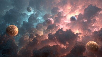 Exploration of planets in a colorful space scene filled with clouds and stars at an unknown time