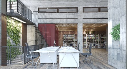 Modern industrial office interior with red shipping container. Creative workspace 3d render
