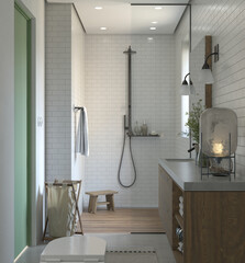 Modern bathroom interior with shower and wooden vanity. Vertical 3d render of home design