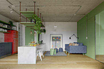 Modern industrial apartment interior with red fridge and blue sofa. 3d render design