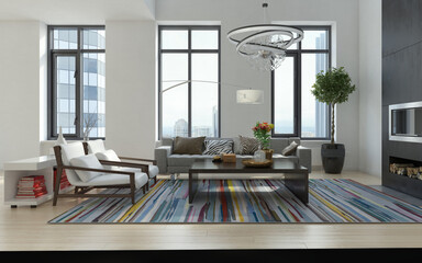 Obraz premium Modern living room interior with city view. Luxury apartment design 3d render