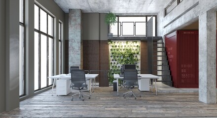 Modern industrial office interior with red shipping container. 3D render of loft workspace
