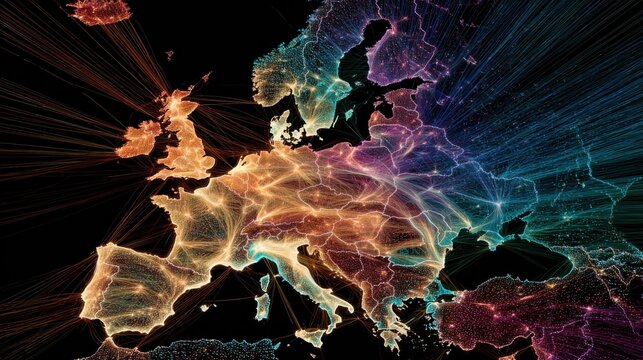 Detailed network connections across Europe showing data flow and communication lines in a colorful display
