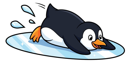Cute Cartoon Penguin Sliding on Ice Fun Winter Animal Illustration