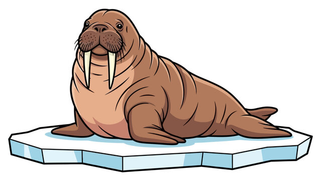 Adorable Cartoon Walrus with Tusks Resting on an Ice Floe Arctic Wildlife Illustration