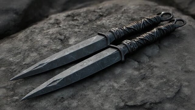 Two black double-edged daggers with engraved runes and wrapped handles lying side by side on a dark textured stone surface, fantasy weapon concept