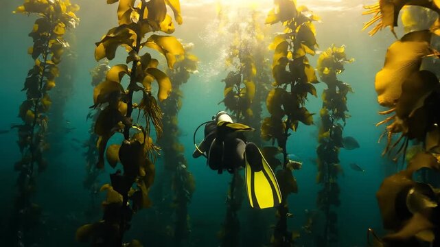 Diver with yellow fins swimming through kelp forest underwater in ocean.