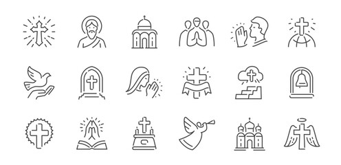 Obraz premium Christianity line icons set. Spirituality and faith symbols. Religion concept. Signs for website and mobile app design