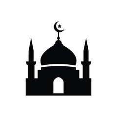 A black silhouette icon of a mosque with minarets and a crescent moon and star symbol