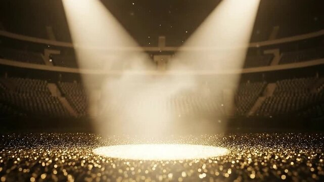 Live concert spotlight fills arena with cheering crowd.