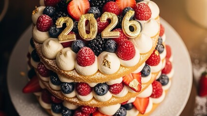 Celebratory cake with berries and golden 2026 sign on top