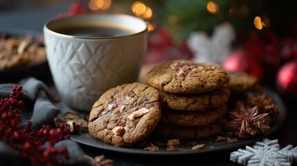 Cookies and coffee served with holiday decorations on a table during winter season