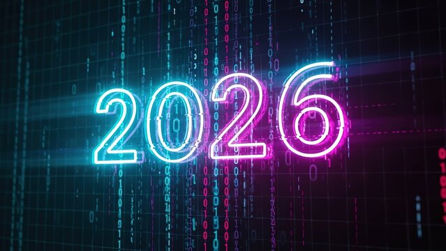 New year 2026 neon light with binary code background - Powered by Adobe