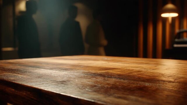 Close-up view of a rustic wooden table surface in a warmly lit room with blurred background, creating a cozy and intimate atmosphere