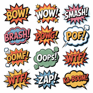 Collection of 12 Comic Book Sound Effect Word Bubbles with Explosions onomatopoeia