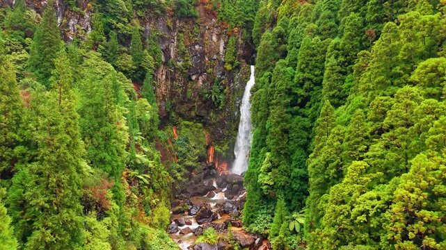 Aerial view of Cascata das Lombadas waterfall, Sao Miguel, Azores