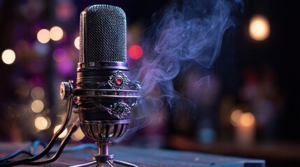 Vintage microphone on a wooden table surrounded by colorful lights and smoke at a live music event in the evening