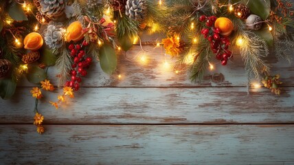 クリスマスの飾りとライトの温かい雰囲気。冬の季節やホリデーシーズンの背景素材。