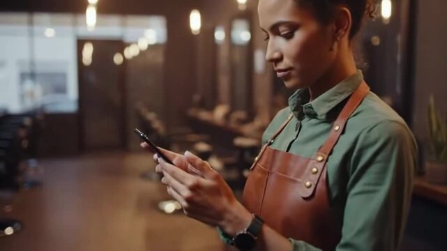 Barber's contemplation: focused professional checking phone in modern salon