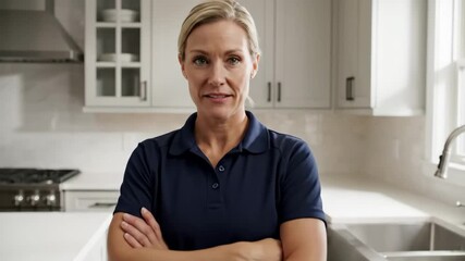 Confident female carpenter in modern kitchen with tool belt