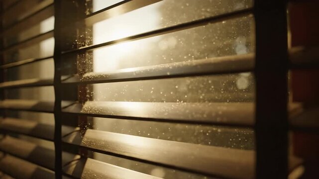 Close-up of dusty wooden blinds with sunlight filtering through, creating a warm and textured indoor atmosphere.