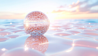 Abstract technology background featuring a 3d blue glass globe and round spheres resembling a stylized earth or golf ball in a macro illustration design