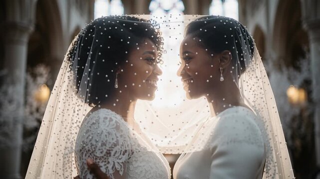 Black lesbian couple smiling at each other in wedding attire. Black lesbian brides smiling at each other during wedding ceremony.