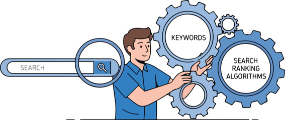 Man optimizing search ranking algorithms with keywords.