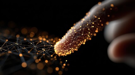 Close up view of human finger touching glowing digital network in dark background, representing connection and technology in modern society