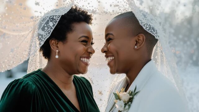 Black lesbian couple smiling at each other in wedding attire. Black lesbian brides smiling at each other during wedding ceremony.