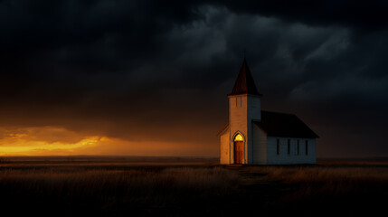 Fototapeta premium A simple, small church in the middle of an open field