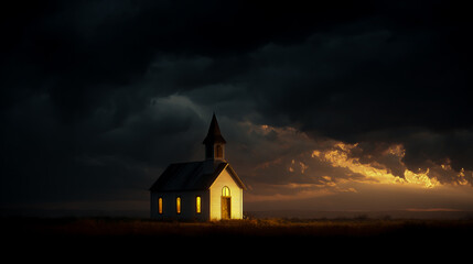 A simple, small church in the middle of an open field