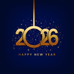 Happy New Year 2026 &ndash; Luxury Gold Number Typography with Sparkling Glitter on Dark Blue Background &ndash; Vector Elegant Festive Design for Holiday Greeting Card, Banner, Poster, and Digital Marketing
