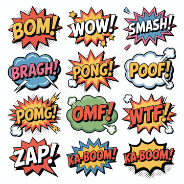 Collection Of Comic Book Sound Effect Words On Explosive Speech Bubbles onomatopoeia