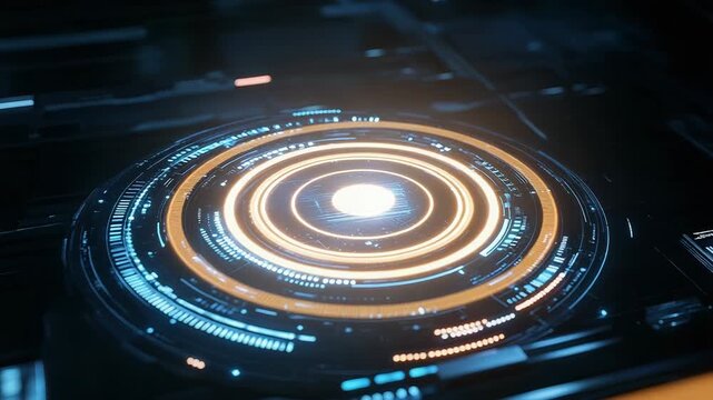 Glowing futuristic circular interface creating digital data visualization