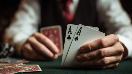Person plays cards with two aces in a casino setting during an evening game session with focused expressions and surrounded by poker chips