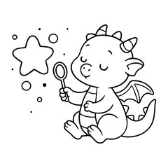 Cute Baby Dragon Blowing Bubbles with Star Outline and Dots, Black and White Line Art