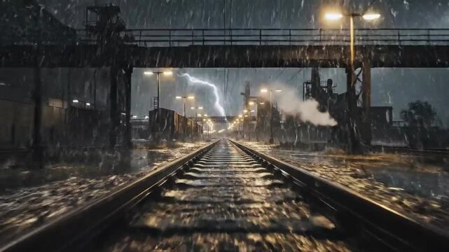 Dramatic Journey Through the Heavy Rain at Night on the Train Tracks with Lightning