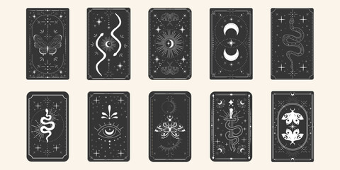 Tarot card frame set spiritual esoteric reverse border magic sacred cover card. Mystic celestial elements moon, sun, magic moth, snake fantasy sign. © Alyona