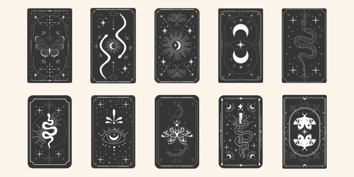 Tarot card frame set spiritual esoteric reverse border magic sacred cover card. Mystic celestial elements moon, sun, magic moth, snake fantasy sign.