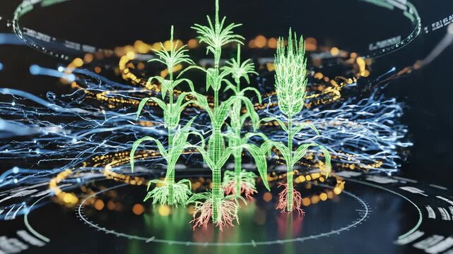 Seamless loop of glowing digital data streams flowing and analyzing geometric wireframe representations of agricultural plants signifying growth monitoring and predictive analytics analysis