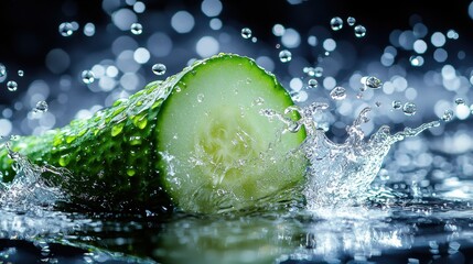 Cucumber water drop falling slice through water surface droplets splashing outward spherical shapes culinary motion photography studio setup negative space