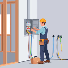 Skilled electrician wiring a modern building's electrical panel with colorful cables