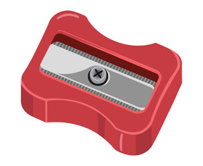 A brightly colored red pencil sharpener with a metallic blade is shown