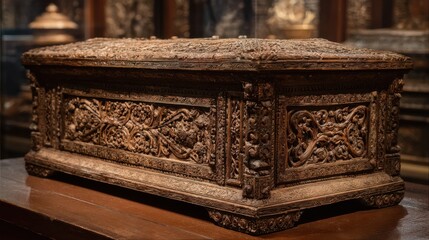 Intricate wooden box with carvings displayed in a museum setting during daytime highlighting the details of the craftsmanship and artistry