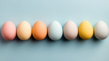 Colorful eggs are arranged in a line on a light background during the Easter celebration or spring festival in a home setting