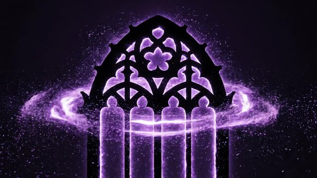 Seamless loop of glowing violet energy particles swirling and orbiting around the silhouette of intricate gothic window tracery against a dark background tracery, abstract, moody